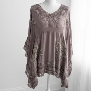 Embroidered and Lace Poncho Style Top Gray